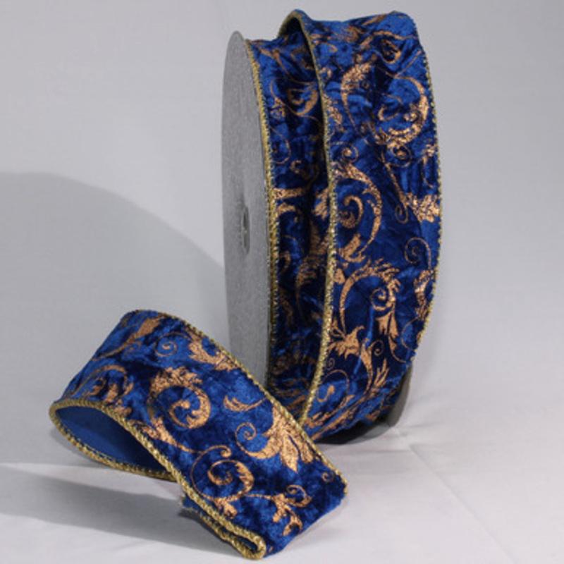 Blue and Gold Cord Edge Wired Fabric Craft Ribbon 2.5 x 20 Yards