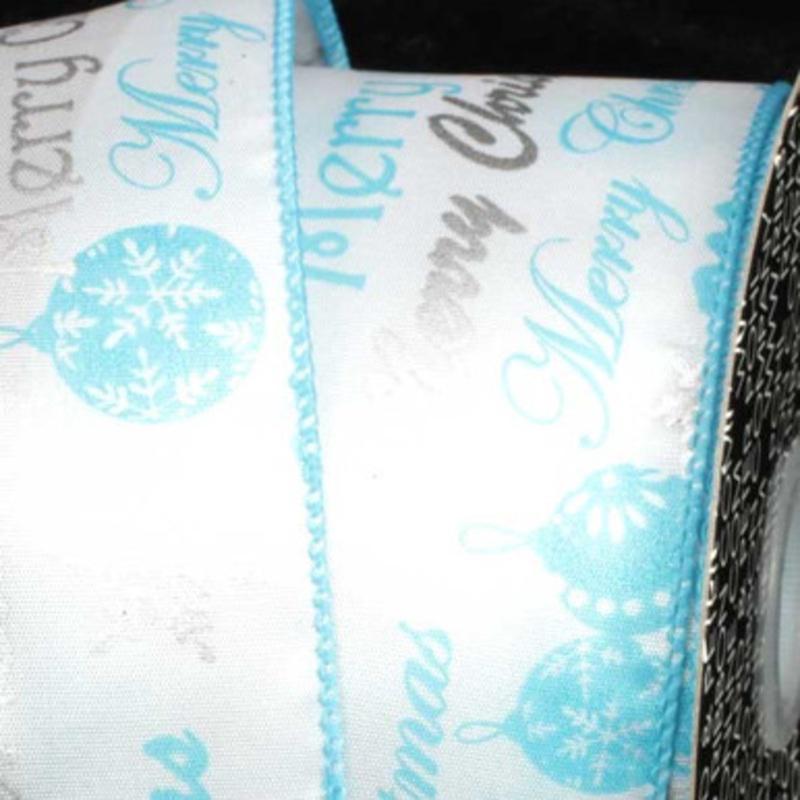 Blue and White Merry Christmas Wired Craft Ribbon 2.5 x 40 Yards