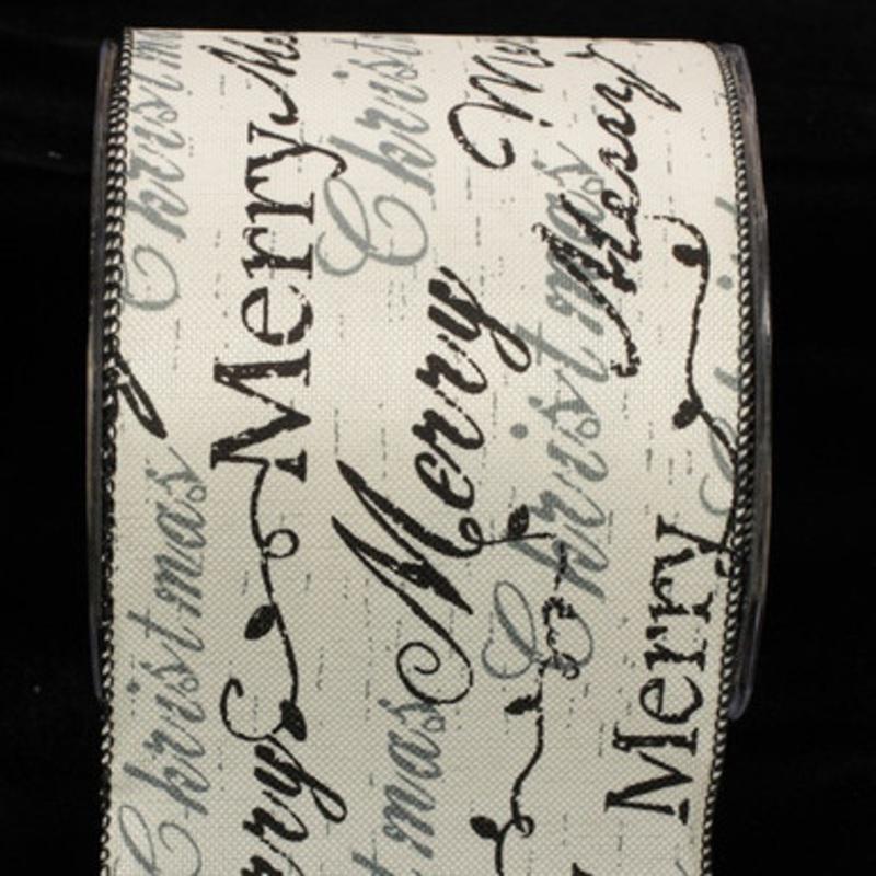 Black and White Holiday Script Wired Christmas Craft Ribbon 4 x 20 Yards