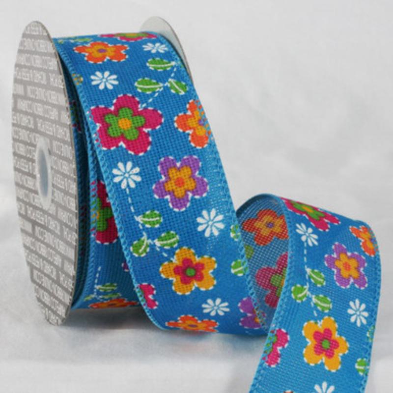 Blue and Pink Floral Ribbon 2 x 20 Yards