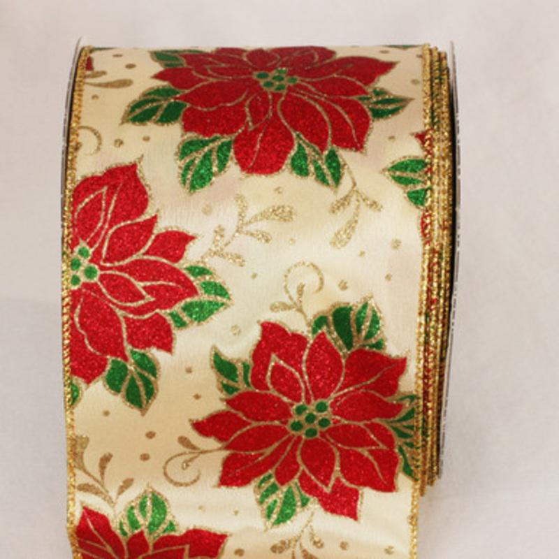 Beige and Red Christmas Poinsettia Wired Craft Ribbon 4 x 20 Yards