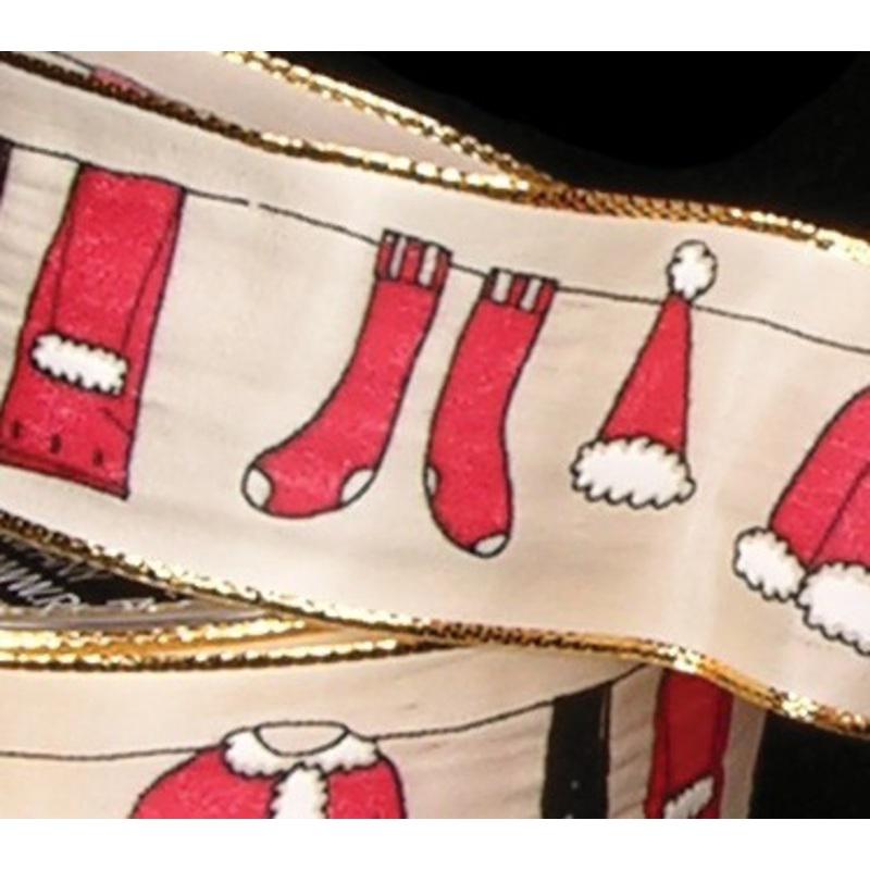 Beige and Red Christmas Wired Craft Ribbon 1.5 x 27 Yards