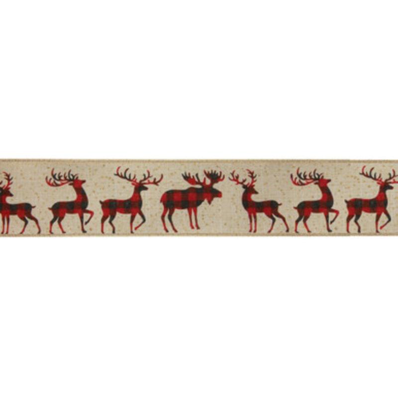 Beige and Red Plaid Buffalo with Reindeer Christmas Wired Craft Ribbon 2.5 x 16 Yards