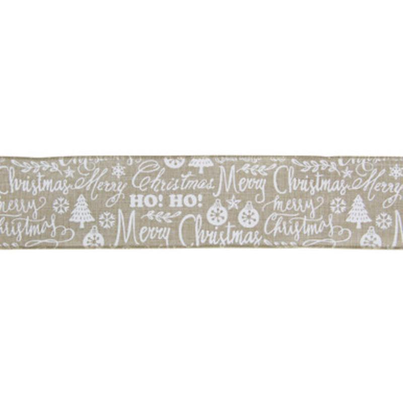 Beige and White Merry Christmas Burlap Wired  Ribbon 2.5 x 16 Yards