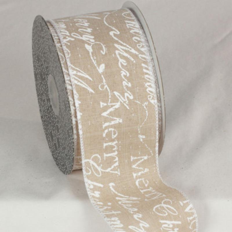 Beige and White Merry Christmas Print Wired Craft Ribbon 2.5 x 20 Yards