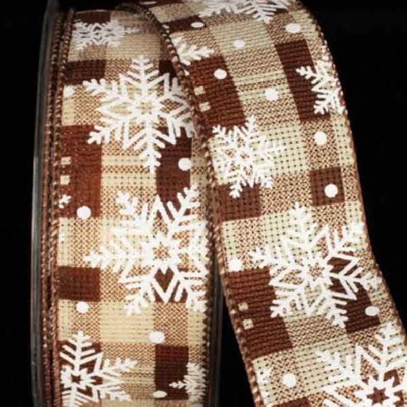 Beige and White Snowflakes Plaid Pattern Wired Craft Ribbon 1.5 x 40 Yards