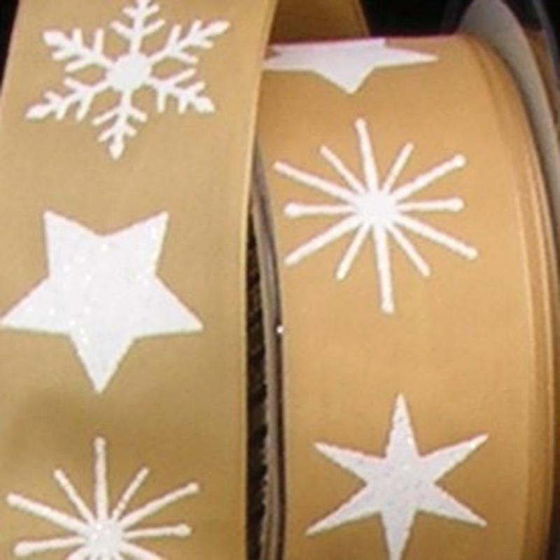 Beige and White Stars with Snowflakes Wired Craft Ribbon 1.375 x 20 Yards