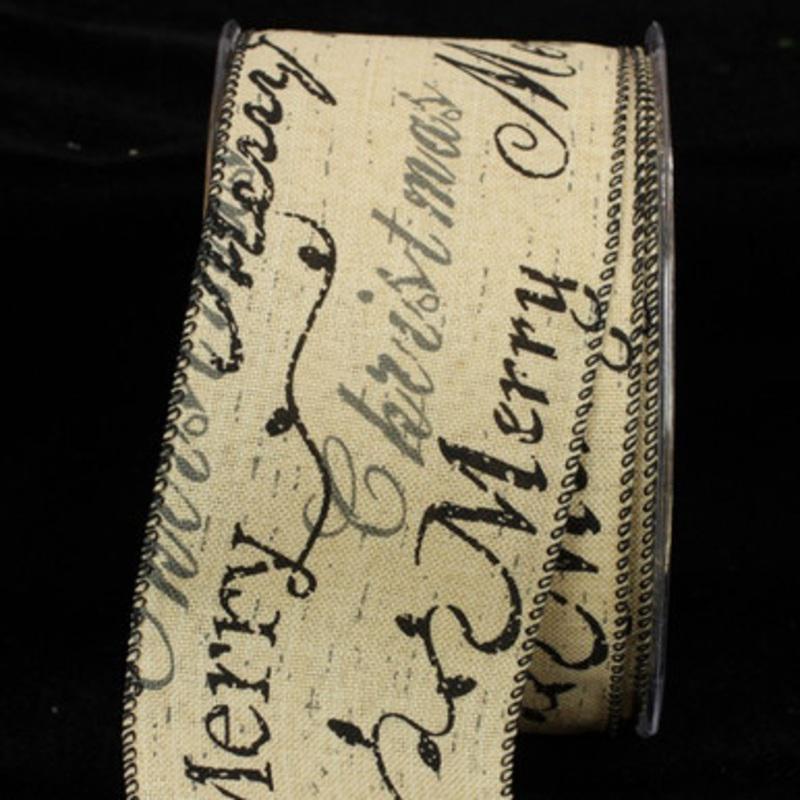 Black and Creamy Ivory Holiday Script Wired Craft Ribbon 2.5 x 40 Yards