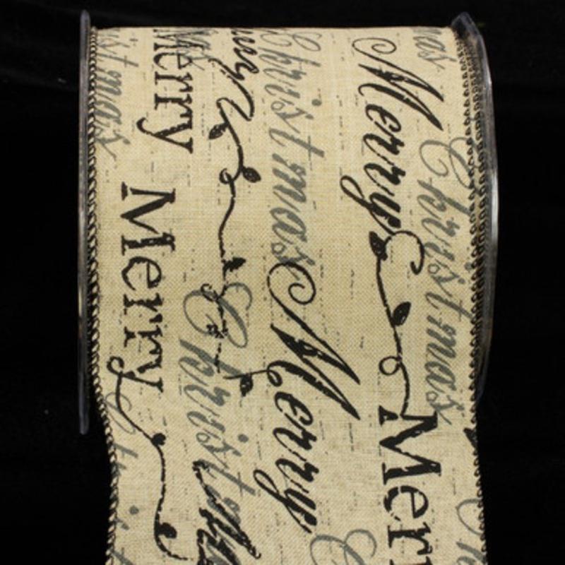 Black and Creamy Ivory Holiday Script Wired Craft Ribbon 4 x 20 Yards