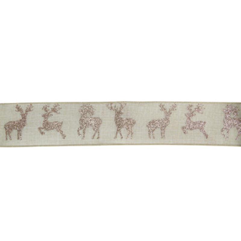 Beige and Gold Glitter Deer Wired Craft Ribbon 2.5 x 16 Yards