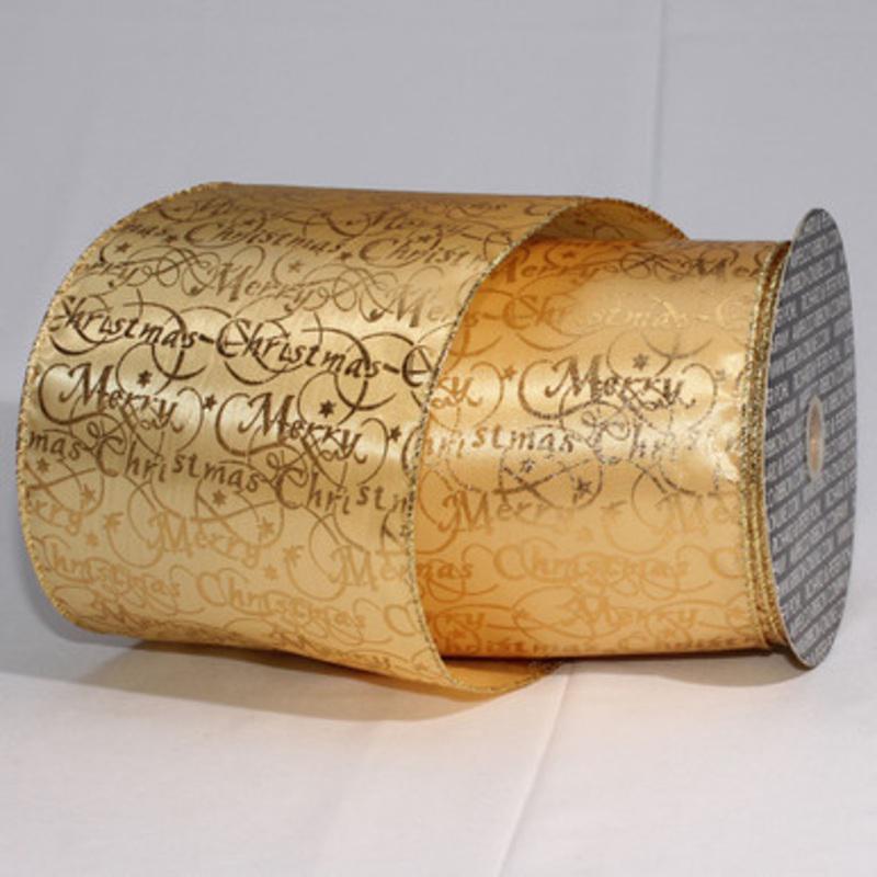 Beige and Gold Merry Christmas Wired Craft Ribbon 5 x 20 Yards