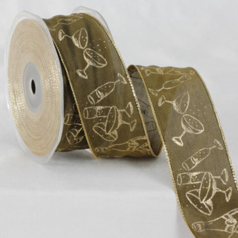 Amber Brown and Gold Colored Champagne Party Woven Edge Ribbon 1.5 x 27 Yards