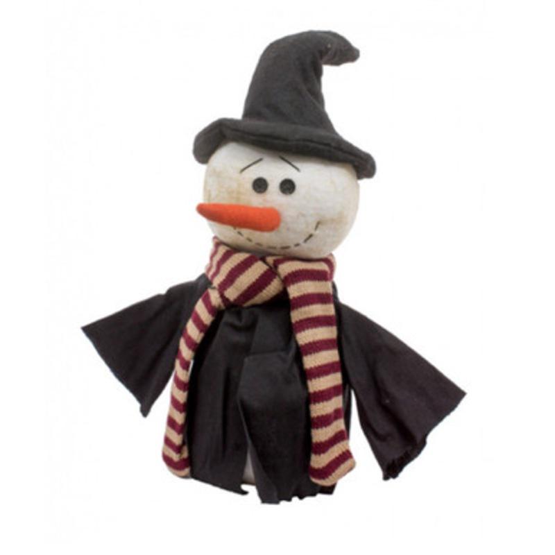 9.5 Plush Snowman in Black Witchs Hat and Scarf Christmas Figure