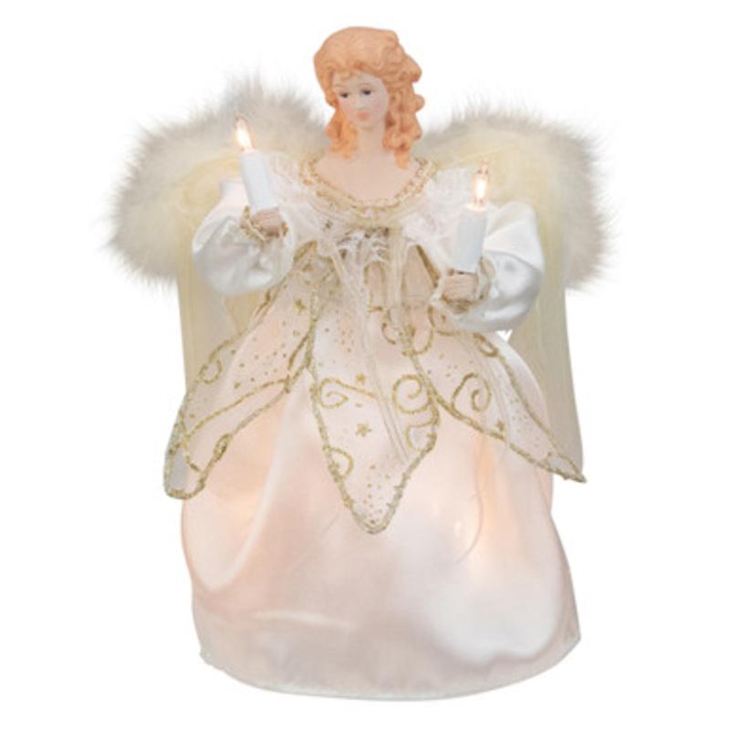 9 White and Gold Angel with Feather Wings Christmas Tree Topper  Clear Lights