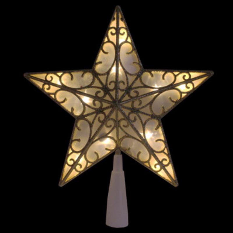 9 Gold and White Glittered Star LED Christmas Tree Topper  Warm White Lights