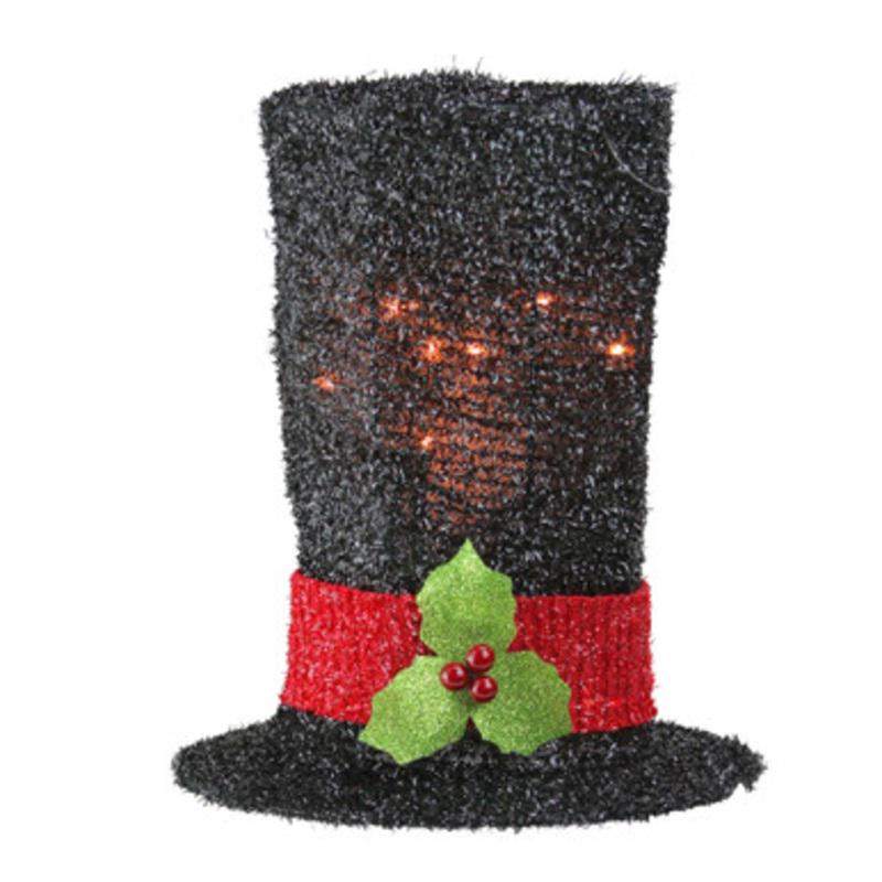 9 Lighted Black Tinsel Snowman Top Hat Christmas Tree Topper  Clear Lights