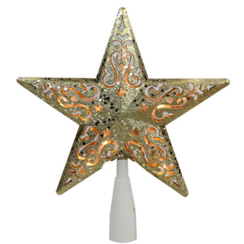 8.25 Gold Glitter Star Christmas Tree Topper  Clear Lights