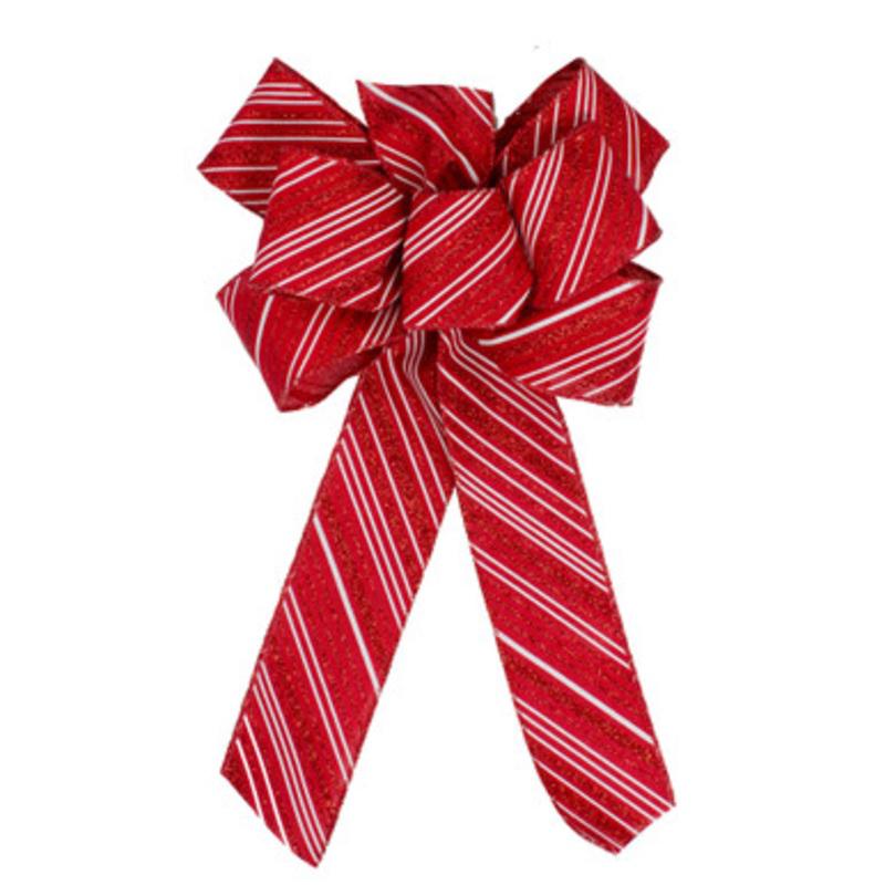 8 x 16 Red and White Candy Cane Glitter Stripe 6 Loop Christmas Bow Decoration