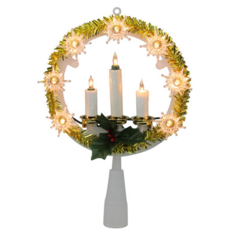 8 Lighted Gold Tinsel Wreath with Candle Trio Christmas Tree Topper  Clear Lights