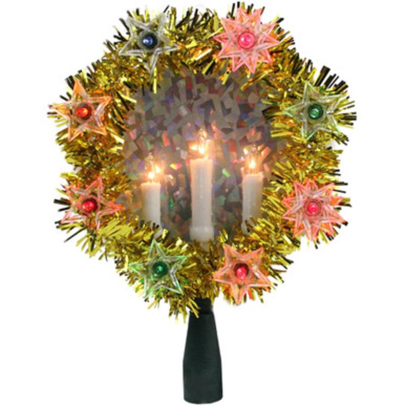 7 Lighted Gold Tinsel Wreath with Candles Christmas Tree Topper Multi Lights