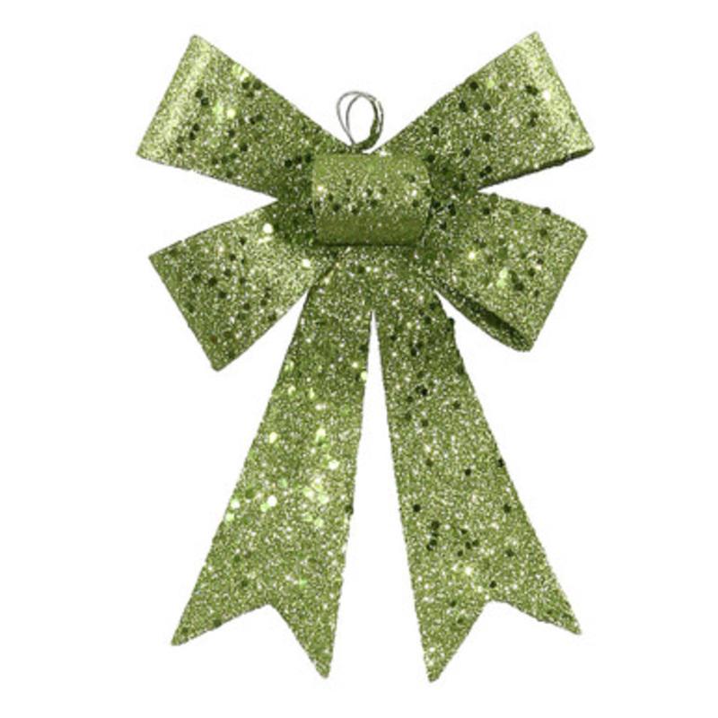 7 Lime Green Sequin and Glitter Bow Christmas Ornament