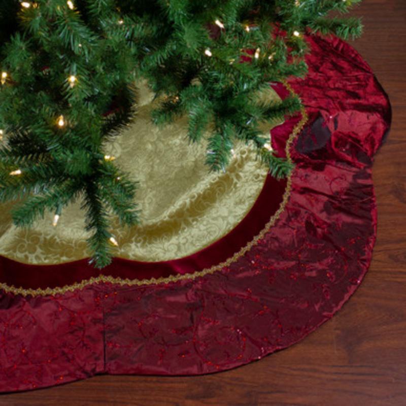 60 Red and Gold Scalloped Sequined Christmas Tree Skirt