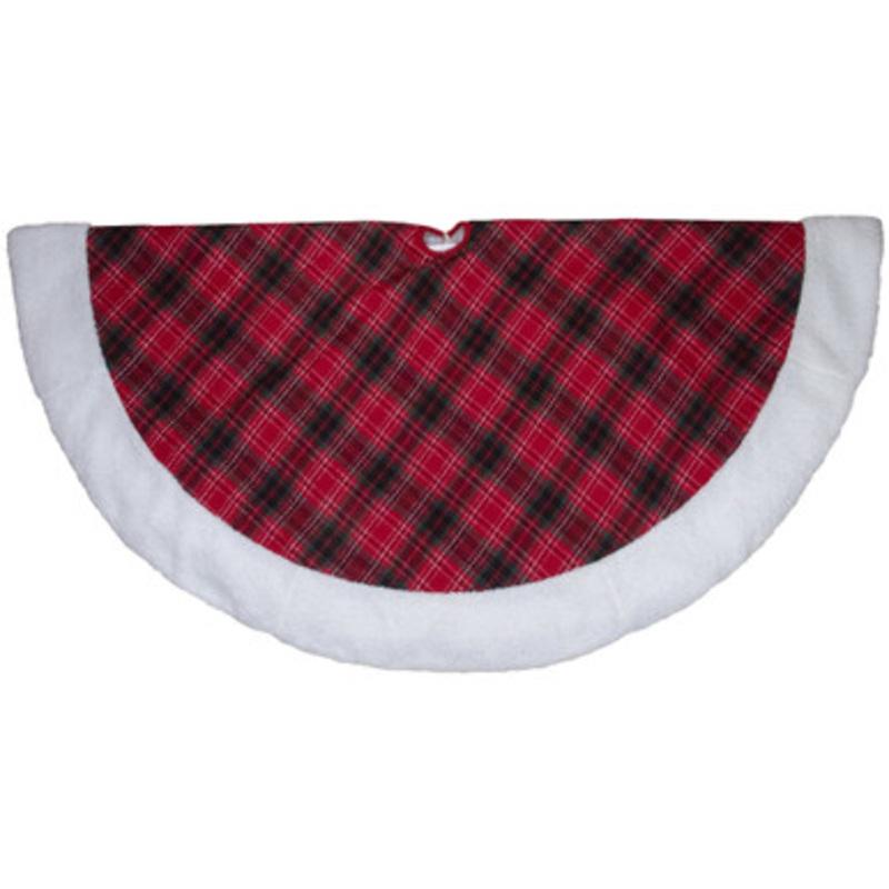 60 Red and Green Plaid Christmas Tree Skirt With White High Pile Fleece Trim