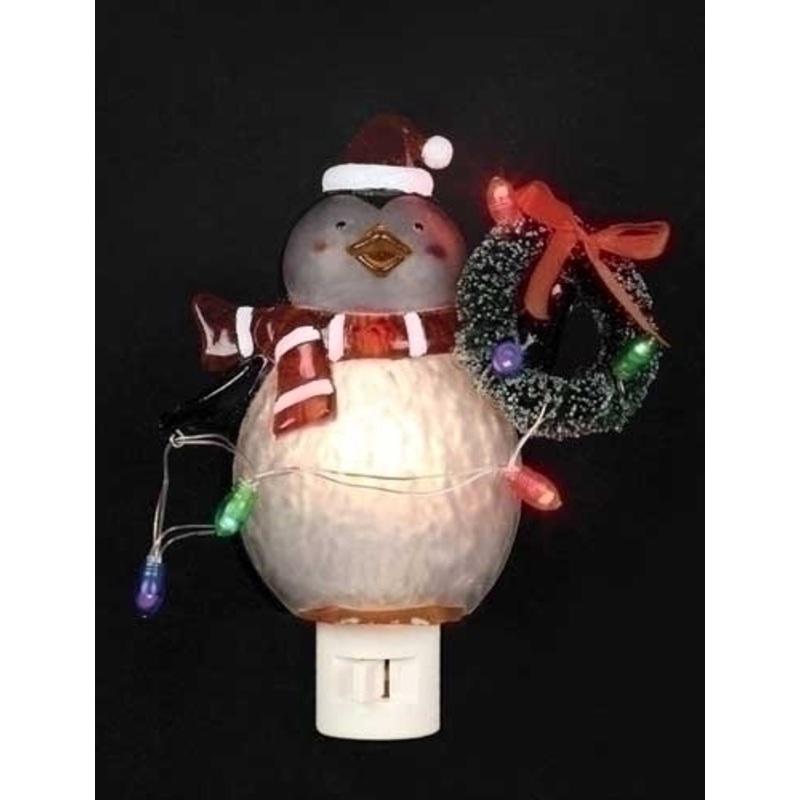 6.25 Red and White LED Lighted Festive Wintry Penguin with Wreath Christmas Night Light