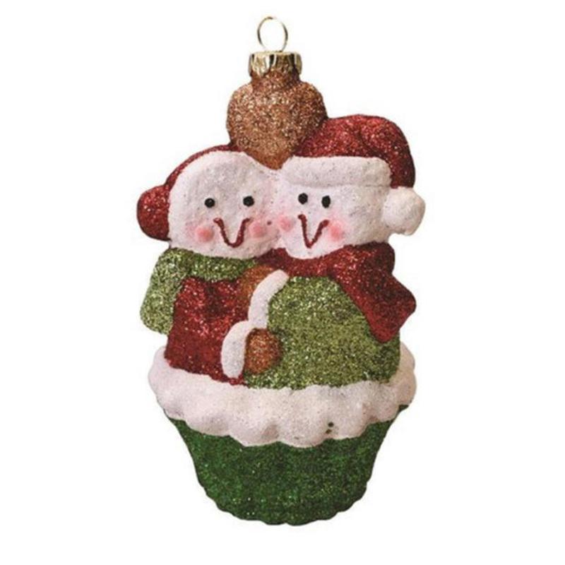 5 Green and Red Shatterproof Snowman Couple Cupcake Christmas Ornament