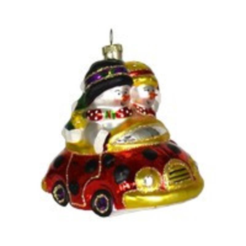 5 Multi-Color Couple Snowman Mobile Hand Blown Glass Ornament
