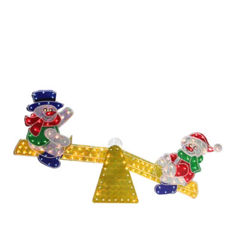 48 Yellow and Red Pre-Lit Holographic Snowmen on See Saw Outdoor Christmas Decor
