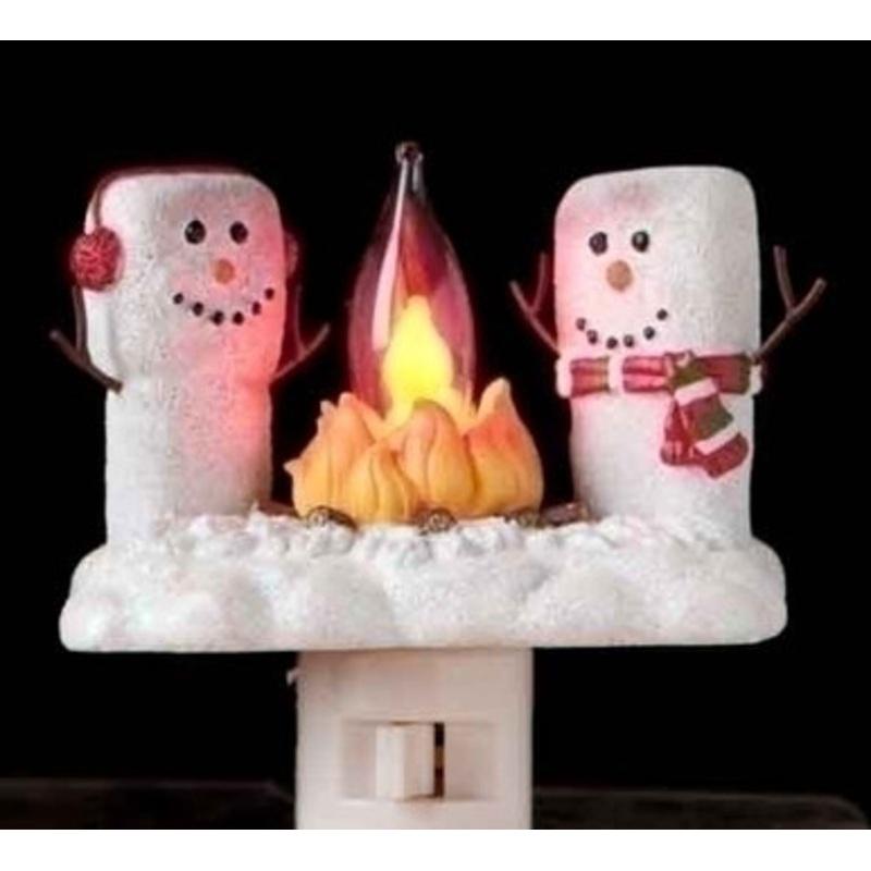 4.5 White and Yellow Marshmallow Snowmen at a Campfire Festive Christmas Night Light