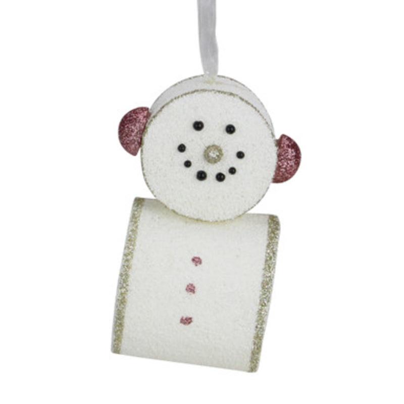 4.5 Pink Glittered Smiling Marshmallow Snowman Christmas Ornament  31487771
