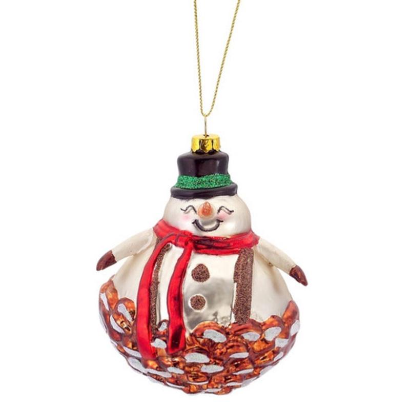 4 Red and White Shiny Glittered Pine Cone Glass Snowman Christmas Ornament