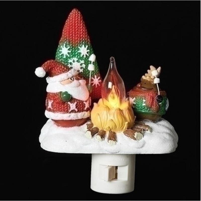 4 Santa and Reindeer Roasting Marshmallows around the Camp Fire Holiday Night Light
