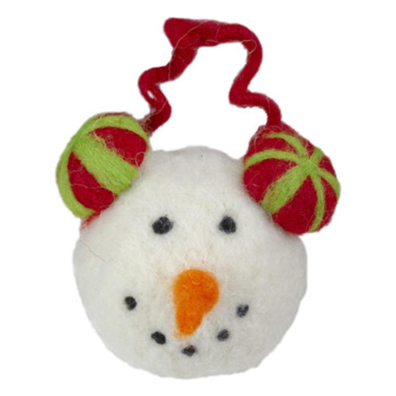 4 Snowmans Face Wearing Red and Green Striped Earmuffs Christmas Ornament