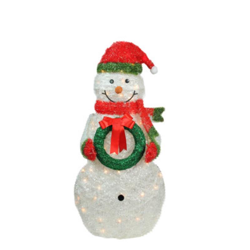 38 Lighted White and Red Tinsel Snowman with Wreath Outdoor Christmas Decoration