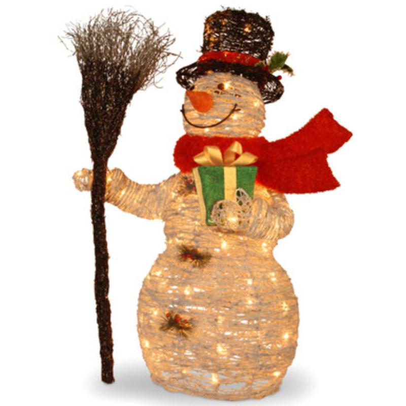 35 White Snowman Holding Gift and Broom Table Topper  Clear Lights