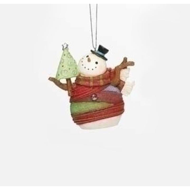 3.75 Colorful Striped Yarn Wrapped Snowman with Tree Christmas Ornament
