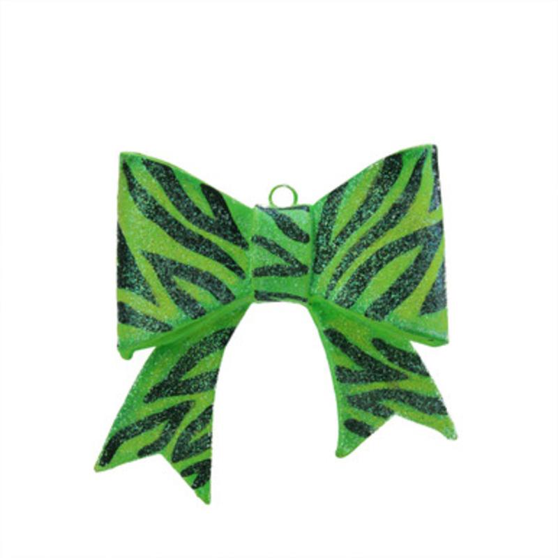 3 Green and Black Glittered Zebra Print Bow Christmas Ornament