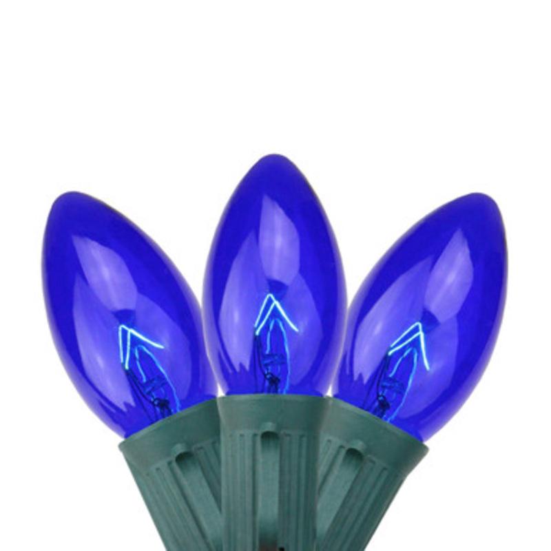 25 Blue Transparent C9 Christmas Lights 24 ft Green Wire