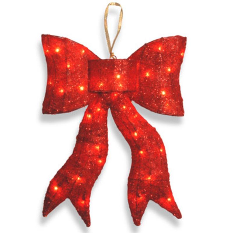 24 Pre-Lit Red Wavy Decorative Bow Hanging Ornament Clear Lights