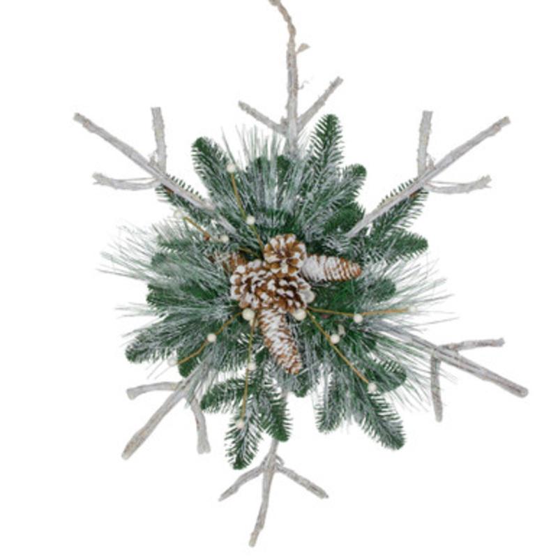 24 Green and Winter White Frosted Mixed Pine Twig Snowflake Christmas Ornament