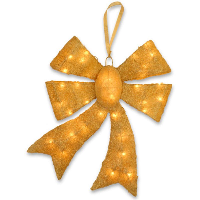 20 Pre-Lit Gold Color Decorative Bow Hanging Ornament Clear Lights