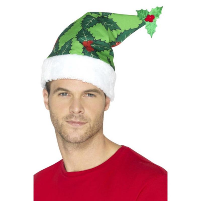 20 Green and White Holly Berry Santa Unisex Adult Christmas Hat Costume Accessory One Size