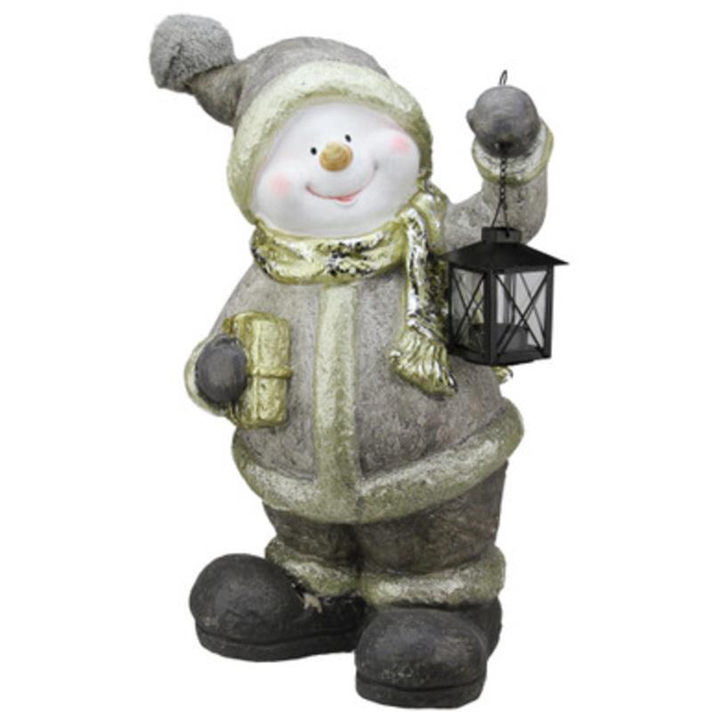 19 Gray and Gold Snowman with Lantern Christmas Tabletop Decor
