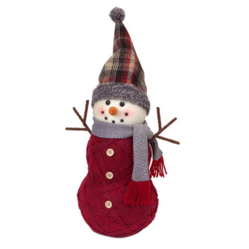 18.5 Woven Style Burgundy Snowman with Plaid Hat Christmas Tabletop Decorations