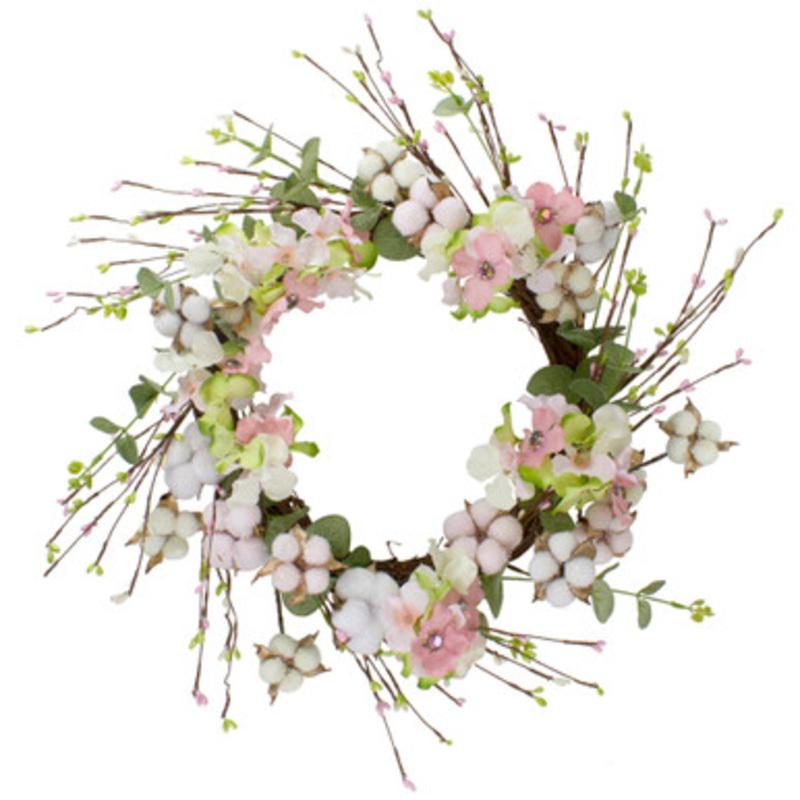 18-Inch Pink and Green Hydrangeas with Cotton Artificial Floral Wreath