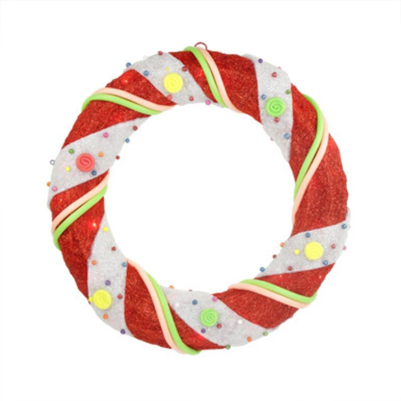 18 Pre-Lit Candy Cane Stripe Sisal Artificial Christmas Wreath Clear Lights