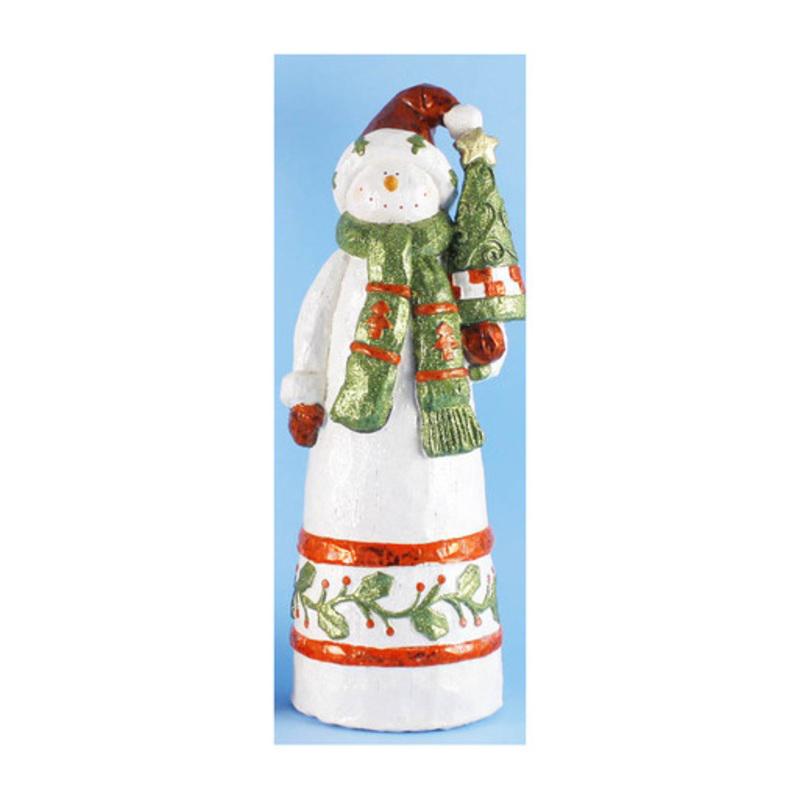 18 Folk Art Snowman holding a Christmas Tree Table Top Figure